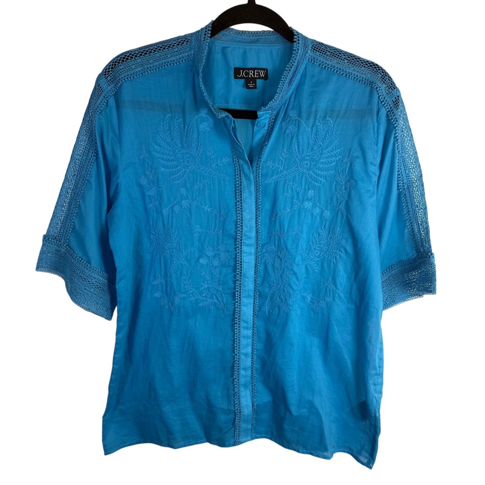J.Crew Embroidered Lace Trim Short Sleeve Button Up Blouse Size 8 Organic Cotton